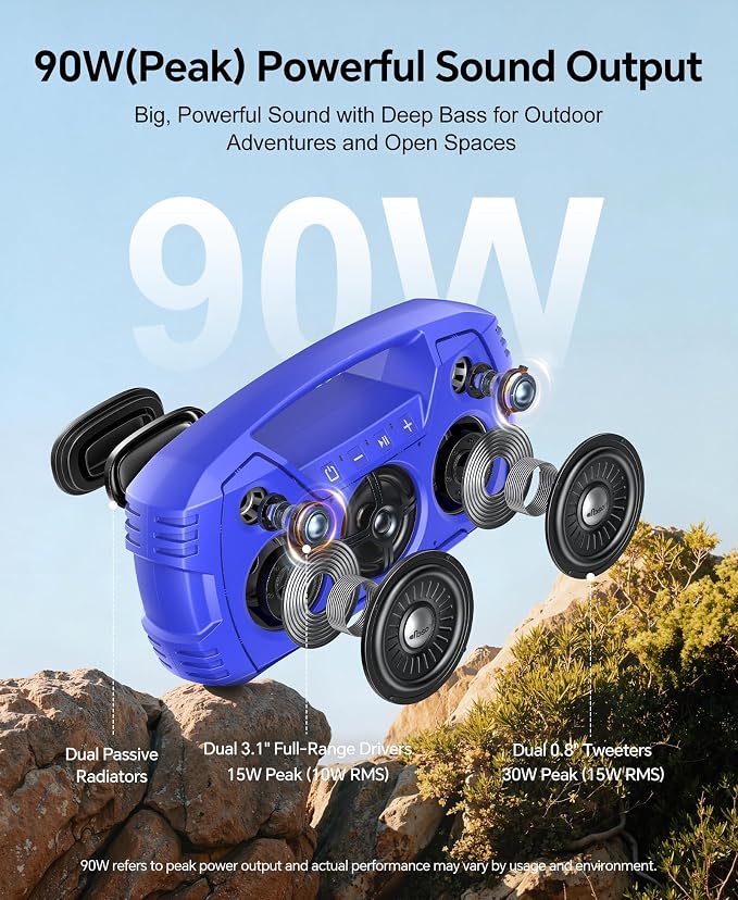 IPX7 Waterproof Outdoor Bluetooth Speaker, Wireless, 90W(Peak), 32H Playtime, Floating Design, Deep Bass & Loud Stereo Sound, Portable with Handle, Rugged for Pool, Beach, Kayaking, Hiking, Blue