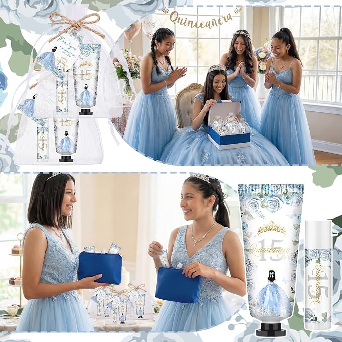 Leelosp 25 Set/100 Pcs Quinceanera Party Favor for Guest with Travel Size Hand Cream, Lip Balm, Card, Organza Bags Quinceanera Gift Set Sweet 15th Party Supply Birthday Souvenir(Dusty Blue)