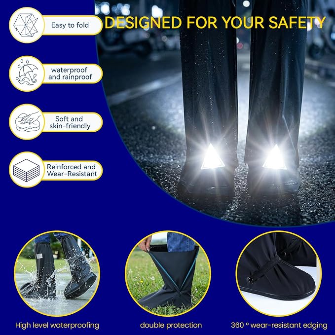 3Pair Reusable Waterproof Shoe Covers for Rain, Reflector Non-Slip Galoshes Overshoes for Women and Men, Double-Row Waterproof Zipper for Mud, Cycling and Outdoor Travel (Black, X-Large)