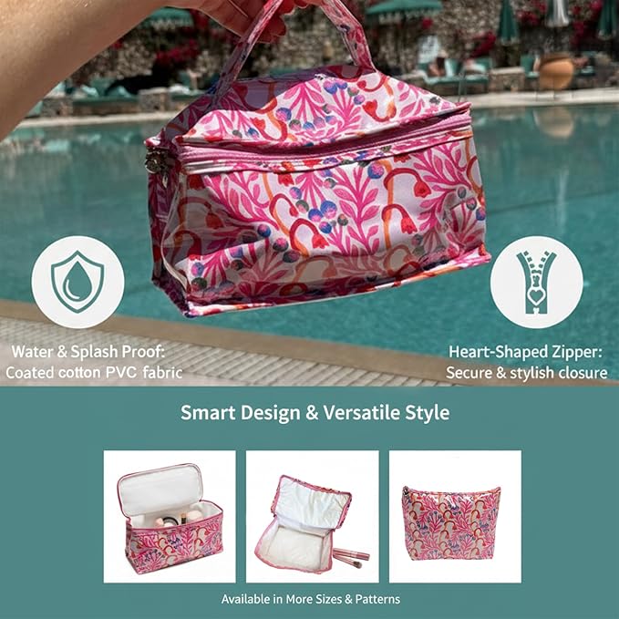 Jacaranda Living Extra Small Cosmetic Bag – Splash-Proof Travel Makeup Pouch with PVC Lining, Compact Bridal & Bridesmaid Toiletry Bag, Easy-Clean Cosmetic Case – Strawberry Vine