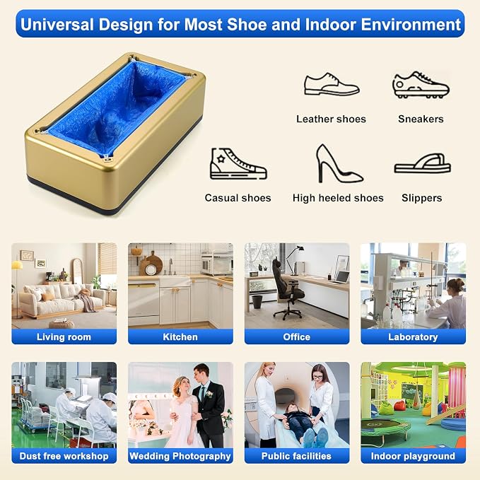 Shoe Cover Machine with 200pcs Shoe Covers Disposable, User-Friendly and Reliable Shoe Cover Dispenser, Fits Size Up to 11 US Men, Widely Applicable in Indoor, Hospital(Gold)