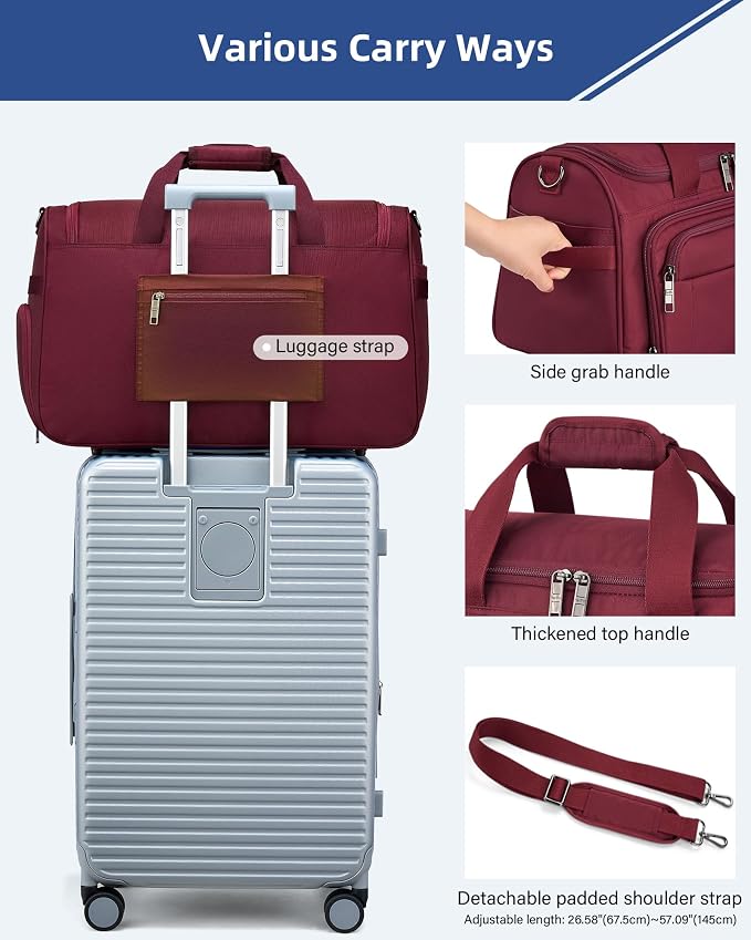 HanTrip Carry on Duffel Bag Foldable Duffle Bags for Travel, Large Personal Item Bags for Airplanes, Weekender Overnight Mens Travel Tote Bag for Women Softside Carry on Luggage (Burgundy)