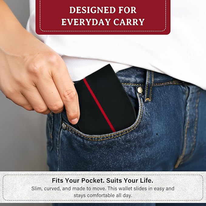 ROGUE WALLET Genuine Leather Front Pocket Wallets for Men - Spacious RFID Blocking Thin Leather w/ 3 Card Slots, Billfold Section & More - Perfect Gifts for Men (Red Line)
