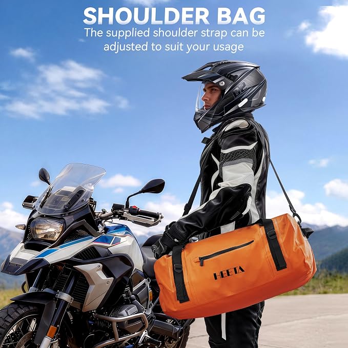 HEETA Waterproof Motorcycle Dry Bag, Waterproof Duffel Luggage Travel Bags with Zippered Closure & Pocket, Shoulder Straps, Large Space for Motorcycling Camping Commuting Boating (Orange, 50L)