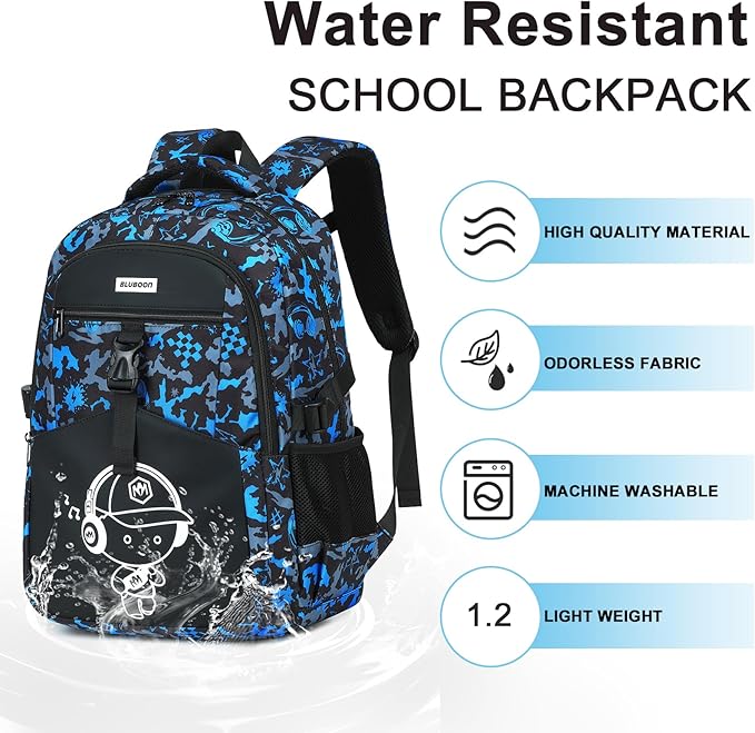 Bluboon Boys School Backpack, Lightweight Kids Bookbag for Elementary and Middle School, Water-Resistant Student Backpack Fits 15.6 Inch Laptop, Chest Strap, Multiple Pockets