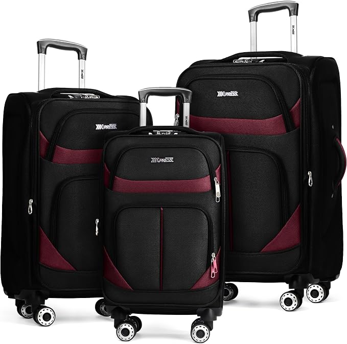 3-Piece Softside Expandable Luggage Set with Front Open Pocket,Lightweight Durable Suitcase Sets Double Spinner Wheels & w/LOCK（Black-Burgundy,20in/24in/28in）