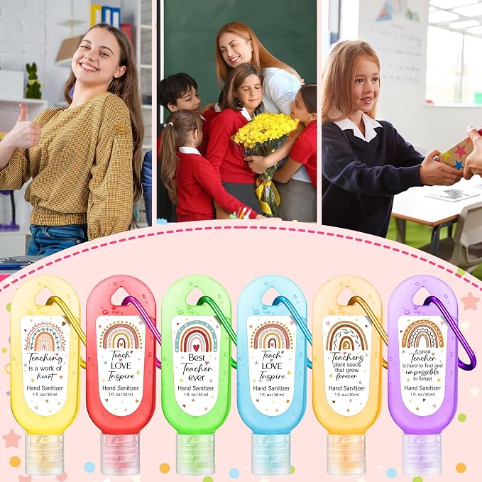 24 Packs Appreciation Teachers Gift Hand Sanitizers with Keychains Back to School Boho Rainbow Mini 1oz Travel Size Hand Sanitizer Gel Bulk Thank You Gift for Teacher Women First Day of School