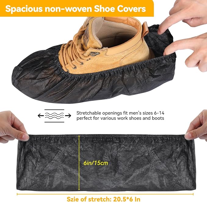 LYSHIYI 100Pcs Shoe Covers Disposable Non Slip, Large Size Non-Woven Boot Covers, Breathable and Durable, Fits US Men 6-14 Size, Reusable Slip-Resistant Booties for Indoors (Black)