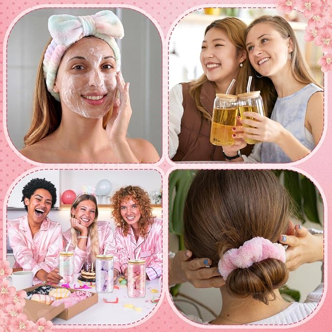 37 Pcs Spa Sleepover Party Supplies for Girls, 6 Set Pink Tie Dye Spa Party Favors, Include Cups, Hairbands, Eye Mask, Headband, Brush, Tote Bags with Ribbon for Sleepover Birthday Favors