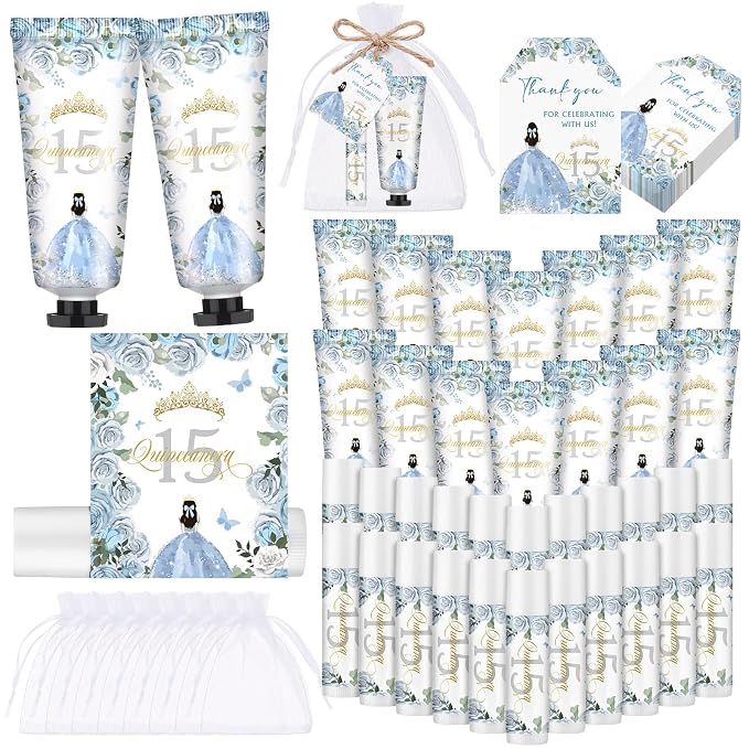 Leelosp 25 Set/100 Pcs Quinceanera Party Favor for Guest with Travel Size Hand Cream, Lip Balm, Card, Organza Bags Quinceanera Gift Set Sweet 15th Party Supply Birthday Souvenir(Dusty Blue)