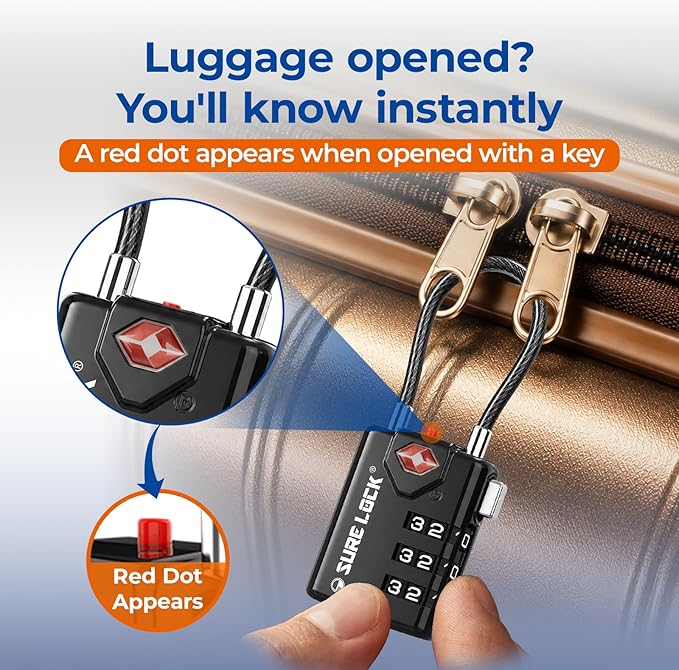 SURE LOCK TSA Approved Luggage Locks with Open Alert Indicator, 3 Digit Combination Cable Travel Lock for Suitcase, Backpack, Gym Locker, Toolbox & Travel Bag（ Four Colour）