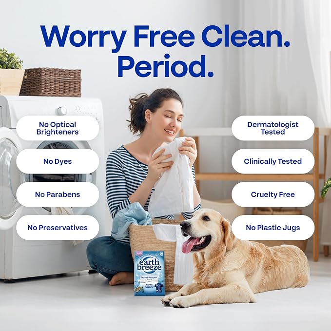Earth Breeze Laundry Detergent Sheets Calming Lavender - 60 Loads - Eco Laundry Sheets - Travel Laundry Soap Sheets for Hot & Cold Cycles - Tackles Tough Stains & Odors - Gentle on Skin, 30 Ct