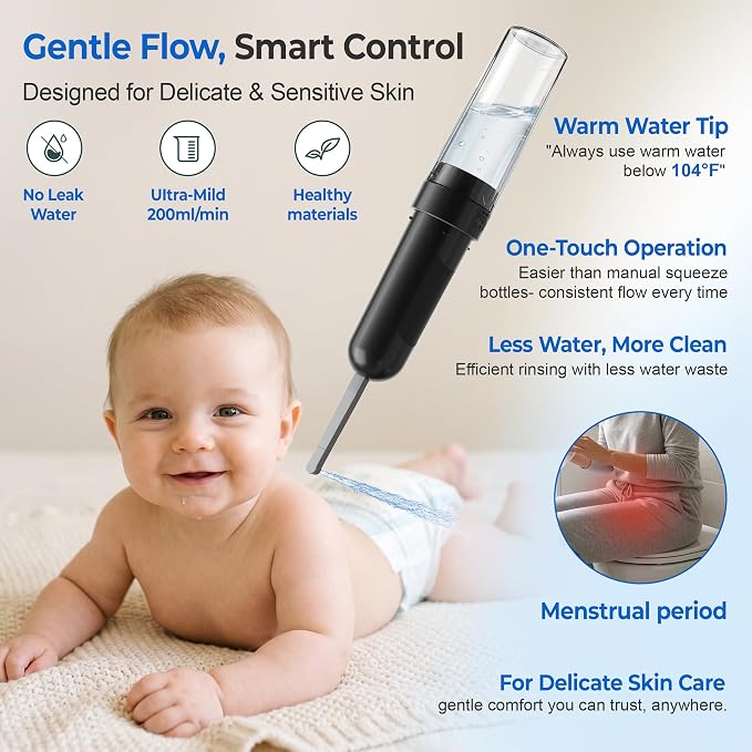 Electric Portable Bidet for Travel, Rechargeable for Women Postpartum, Period & Hygiene | 3 Pressure Modes, 260 Uses/Charge, IPX7 Waterproof, Foldable & Compact, Standard Bottle Fit, USB-C Charging, Black