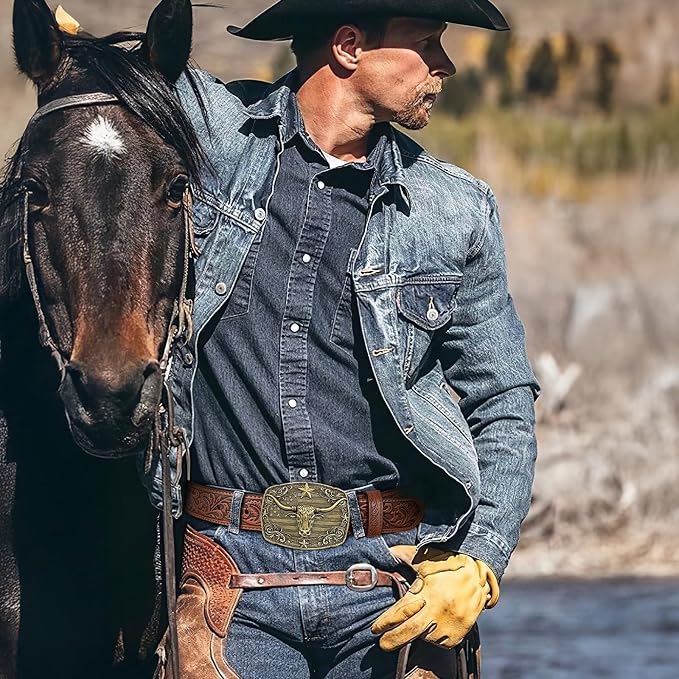 SANSTHS Western Cowboy Belts for Men Women, Mens Western Belt Bull Buckle Country Belt Cowboy Leather Belt for Jeans