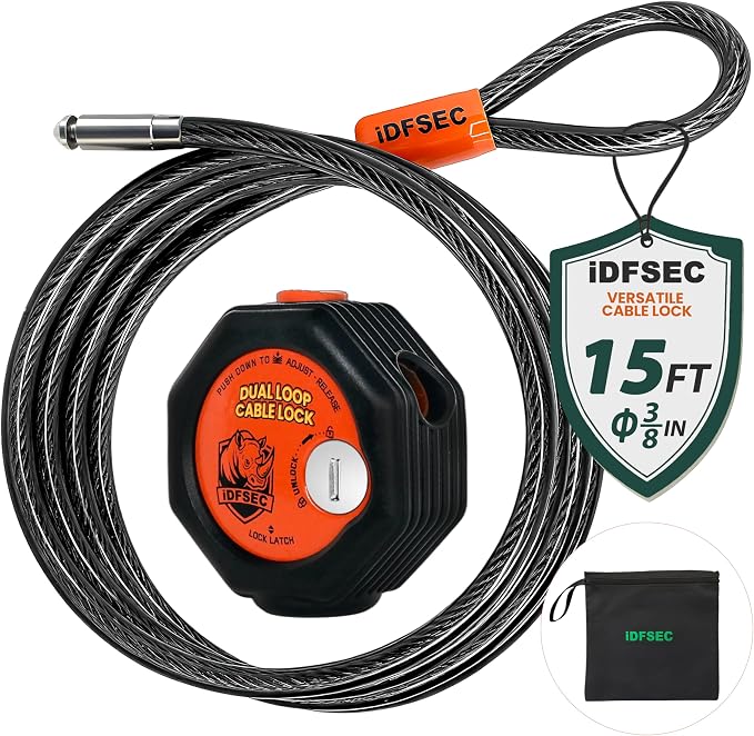 Heavy Duty Adjustable Cable Lock - 15' x 3/8" Security Cable with Dual Cinch, 4 Keys, All-Weather Protection for Patio Furnitures, Motorcycles, Trailers, Grills, Kayaks & Outdoor Equipment