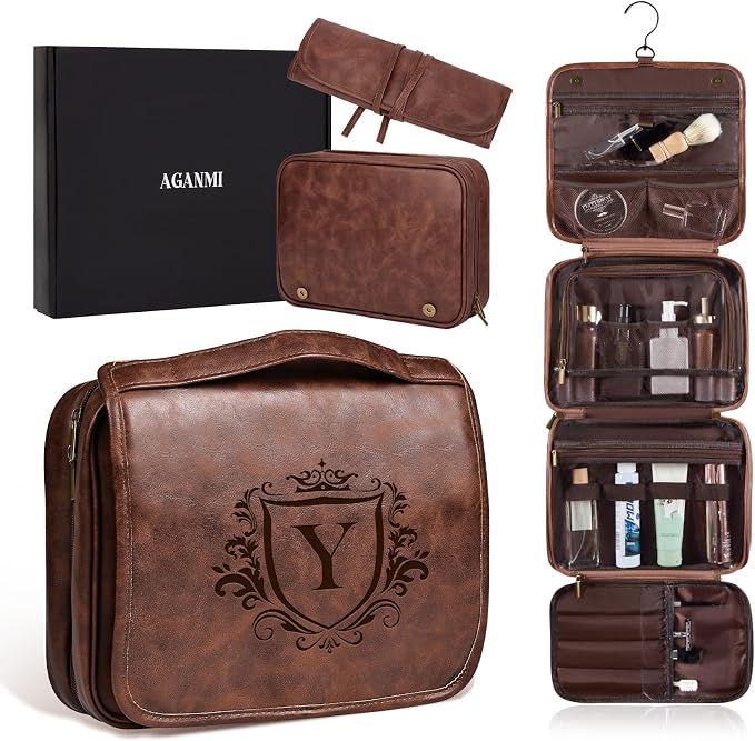 Personalized Hanging Toiletry Bag Travel Gifts for Men Him, 3-in-1 Large Laser-Engraved Initial Waterproof PU Leather Shaving Bag Valentines Birthday Gift for Men Dad Husband Reddish Brown Y