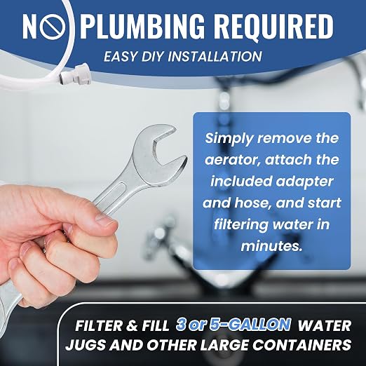 Water Filtration Kit with Indoor Faucet Adapter – Filter & Fill 5-Gallon Jugs from Any Standard Indoor Faucets with Removable Aerators | Reduces Chlorine, Lead, Cysts & VOCs