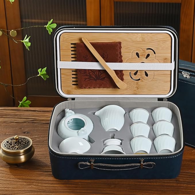 Chinese tea set, Kung fu tea set with 6 cups, Handle lifting Gongfu teaset, Home Office Outdoor Hotel (TilangB 6cups)