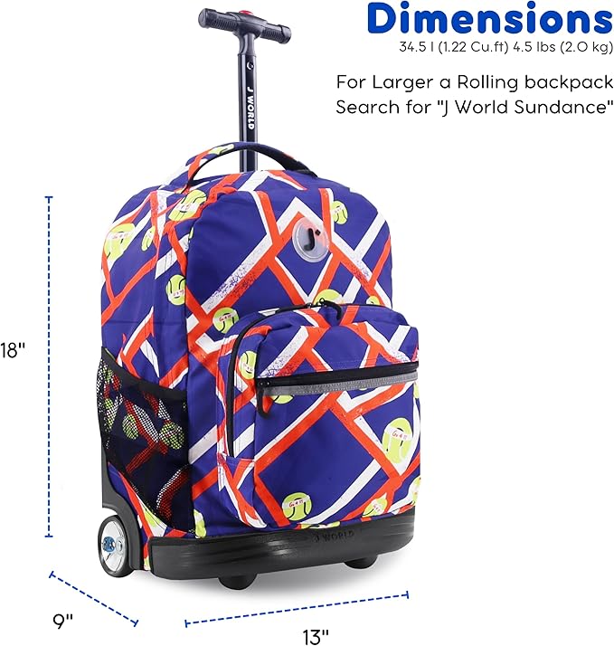 J World Sunrise Kids Rolling Backpack for Girls Boys. Roller Bookbag With Wheels For School, Tennisy