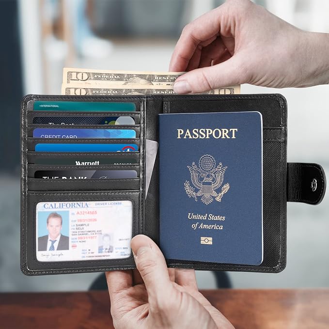 Polare Luxury RFID Blocking Leather Passport Holder Travel Wallet For Men and Women (Black(Snap Version))