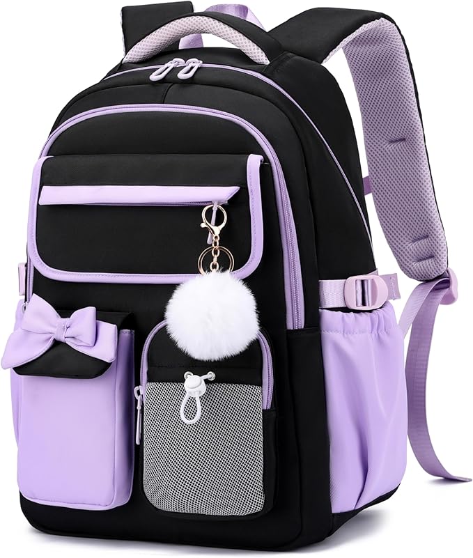Girls Backpack School Bags Kids Elementary School Backpack for Girls Teens Cute Childrens Bookbags Casual Back Packs, Black Purple