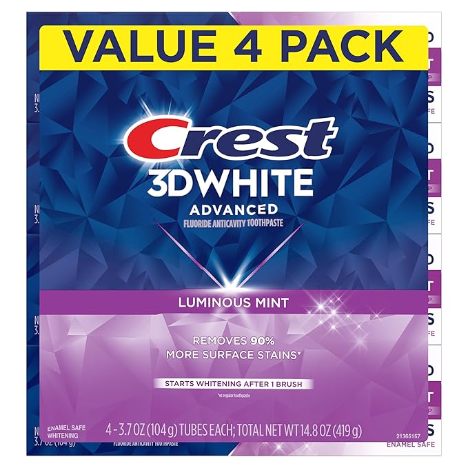 Crest 3D White Advanced Luminous Mint Teeth Whitening Toothpaste, Crest Toothpaste, 3.7 oz Pack of 4 - Helps Remove Surface Stains, Whitens Teeth, Strengthens Tooth Enamel, Protects Against Cavities