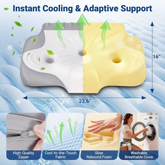 Cervical Pillow for Neck Pain Relief, Ergonomic Contour Memory Foam Neck Support Pillow with Ear Pressure Relief and Dual Height Design