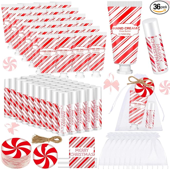 144 Pcs Lip Balm Hand Cream Set Party Favors, Include 36 Lip Balm 36 Moisturizing Hand Cream 36 Bags 36 Cards and Ropes for Accessories Gifts(Red,Christmas)