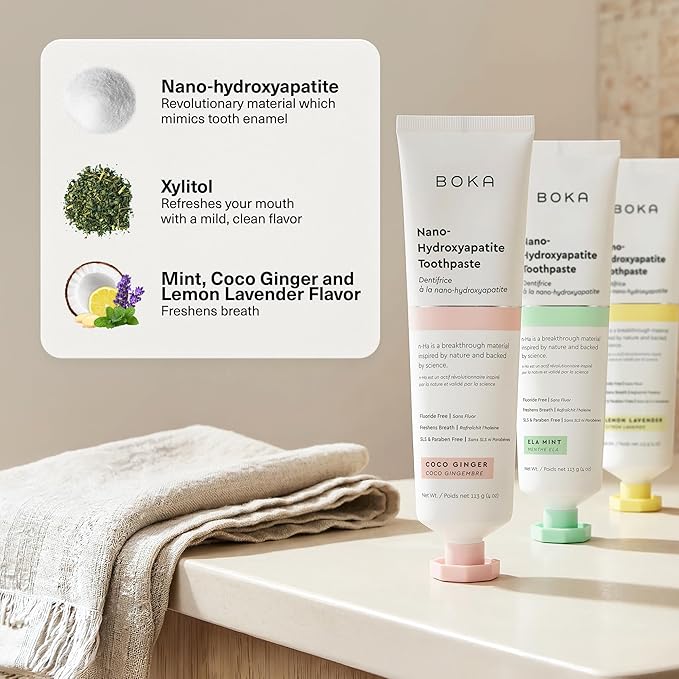 Boka Fluoride Free Toothpaste, Nano Hydroxyapatite Toothpaste, Appropriate for Sensitive Teeth - for Adult Oral Care - Ela Mint, Coco Ginger, Lemon Lavender Flavor, 4 Fl Oz 3Pk US Manufactured