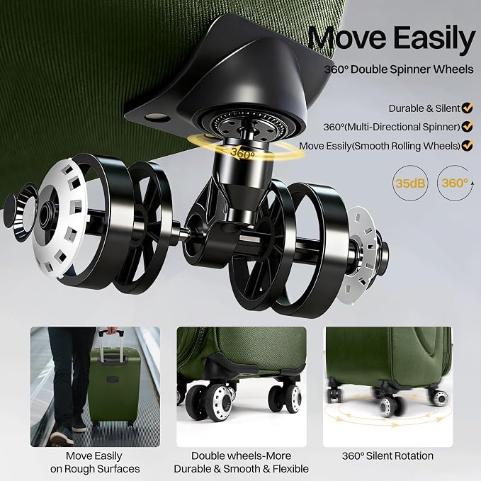 24'' Softside Expandable 15% Rolling Luggage with Double Spinner Wheels & w/LOCK,Lightweight Travel Luggage for Men Women（Green-Grey,24in）