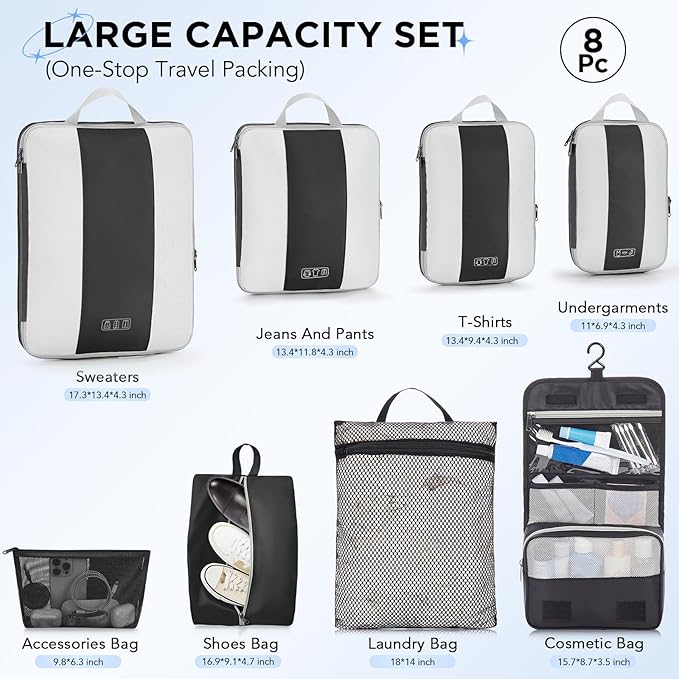 8 Set Compression Packing Cubes for Travel Essentials,Compressible Expandable Packing Cubes for Suitcase,OlarHike Luggage Garment Bags for Travel,Handy Helper for Organizing Clothes(Black)