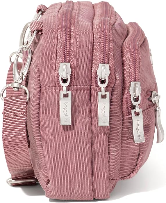 Baggallini Triple Zip Small Crossbody Bag for Women - Lightweight Convertible Fanny Pack Belt Bag