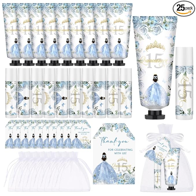 Leelosp 25 Set/100 Pcs Quinceanera Party Favor for Guest with Travel Size Hand Cream, Lip Balm, Card, Organza Bags Quinceanera Gift Set Sweet 15th Party Supply Birthday Souvenir(Dusty Blue)