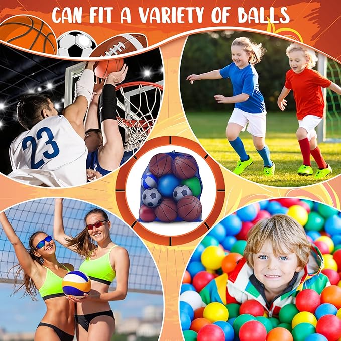 Woanger 3 Pcs Thickened Extra Large Sports Ball Bag Mesh Soccer Net Ball Bag Drawstring Bags Team Work for Holding Basketball, Volleyball, Baseball with Shoulder Strap, 35.4 x 27.5 Inch