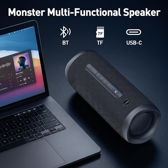 Monster S620 Bluetooth Speaker, Wireless Portable Outdoor Bluetooth Speakers, 60W True Wireless Stereo IPX8 Waterproof, Dual PairingBluetooth 5.4 Built-in Mic, Perfect for Home, Black