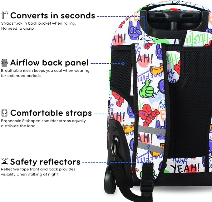 J World Sunrise Kids Rolling Backpack for Girls Boys. Roller Bookbag With Wheels For School, Street Art
