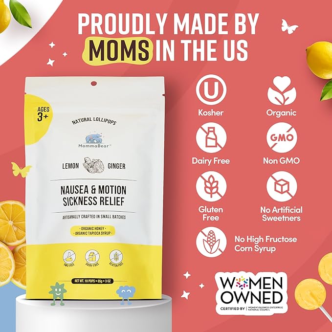 MommaBear Nausea & Motion Sickness Lollipops – Non-GMO Lemon & Ginger Candy for Nausea – Organic Lollipops for Kids 3+ & Pregnancy Must Haves to Ease Queasiness – Freshness, Sealed in (10 Pack)