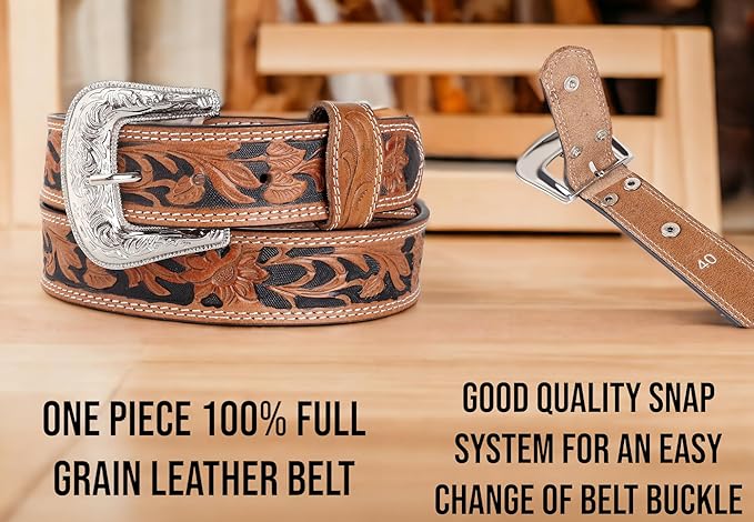 F&L CLASSIC mens Western full grain Leather belt Strap w/Snaps for Interchangeable Buckles, USA,