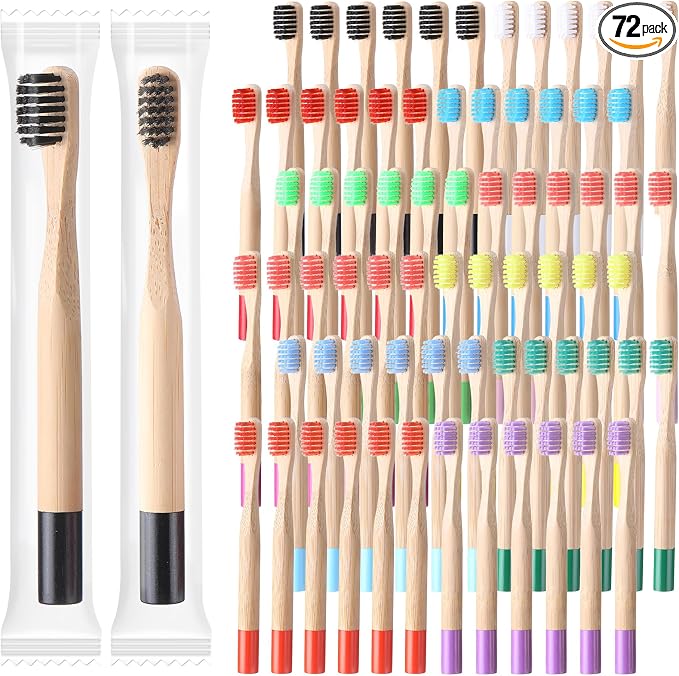 72 Pcs Kids Bamboo Toothbrushes Soft Bristle Toddler Toothbrush BPA Free Wooden Travel Toothbrushes for Kids Children Home Travel School, 5.7 Inches, Individually Wrapped