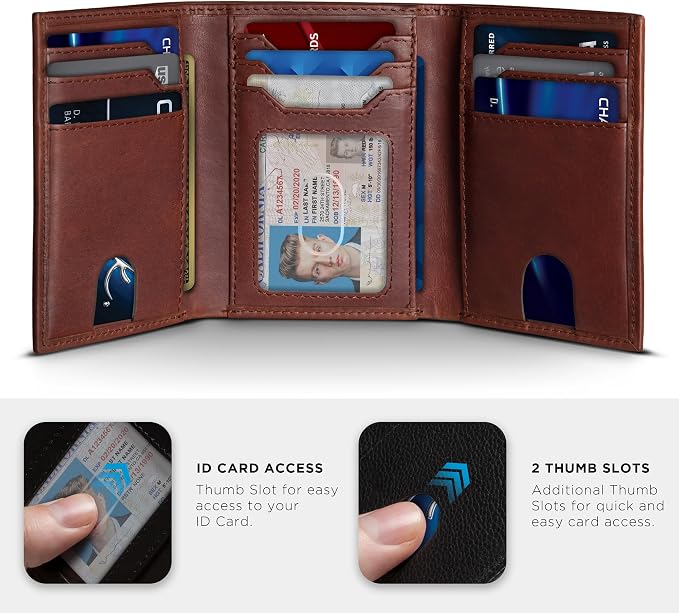 SERMAN BRANDS Trifold Wallet for Men - RFID Blocking Full Grain Leather, 11 Card Slots & ID Window, Slim Everyday Carry, Durable Stitching, Gift for Him