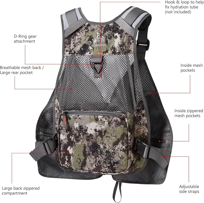 BASSDASH Strap Fishing Vest Adjustable for Men and Women, for Fly Bass Fishing and Outdoor Activities
