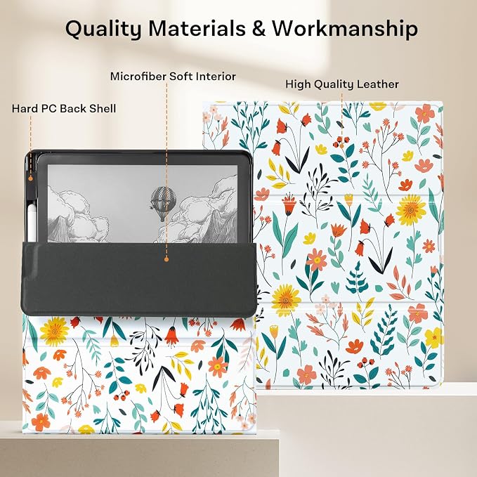 CoBak Case for 11" Kindle Scribe 3rd Generation 2025, Kindle Scribe Colorsoft with Two Viewing Angles - All New PU Leather Cover with Auto Sleep Wake, Pen Holder. Flower Sea