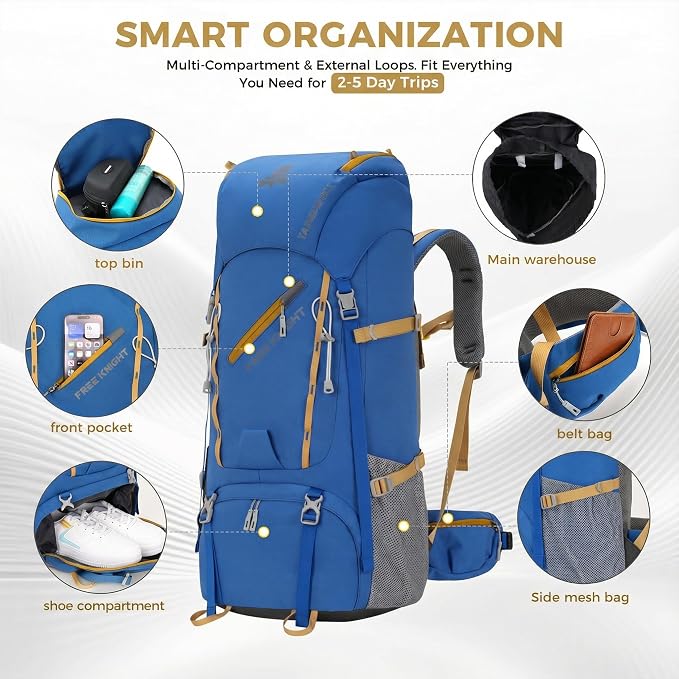 Bseash 65L Waterproof Hiking Camping Backpack with Rain Cover, Outdoor Sport Travel Daypack for Climbing Touring (Blue)