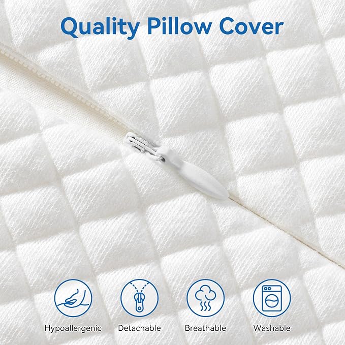 Ergonomic Memory Foam Pillow with Washable Zippered Soft Cover Contour Cervical pillows for Neck Pain and Side Sleeper Back Support Orthopedic Pillow, White