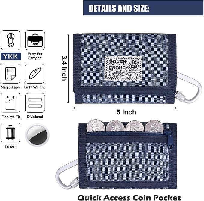 Rough Enough Kids Wallet for Boys with RFID Blocking Denim Canvas Blue | Includes lanyard keychain carabiner. For camping travel and outdoor use. Smooth YKK zippers. Holds cards cash ID. 5x3.4 inch