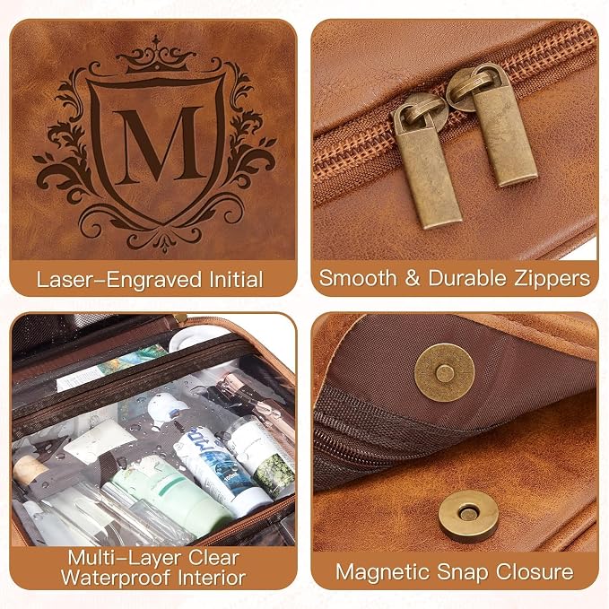 Personalized 3-in-1 Hanging Toiletry Bag Fathers Day Birthday Gifts for Men Dad Husband, Custom Initial Large Waterproof PU Leather Dopp Kit Shaving Bag Travel Essential for Him Light Brown Y