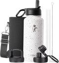 Coolflask Water Bottle 32 oz Insulated with Straw, Stainless Steel Metal 3 Lids Water Flask Wide Mouth for Sports or Office, Non-BPA Keep Cold Up to 48 Hrs or Hot Up to 24 Hrs, Arctic White