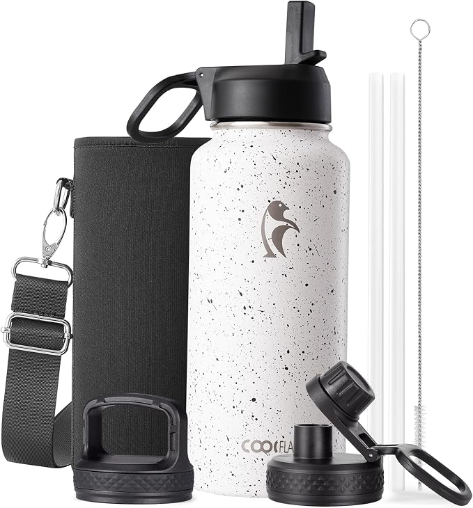 Coolflask Water Bottle 32 oz Insulated with Straw, Stainless Steel Metal 3 Lids Water Flask Wide Mouth for Sports or Office, Non-BPA Keep Cold Up to 48 Hrs or Hot Up to 24 Hrs, Arctic White