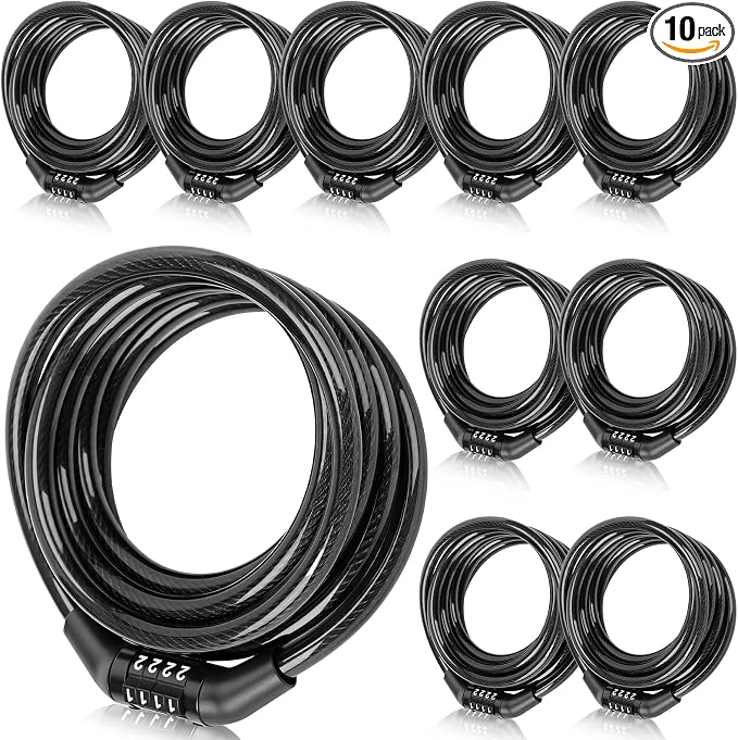 Hotop 6 Feet Bike Lock Cable with Combination, Coiled Preset Bike Lock High Security 4 Digit Bicycle Locks Anti Theft Bikes Accessories Black Bicycle Cable Locks, 5/6 Inch Diameter(10 Pcs)