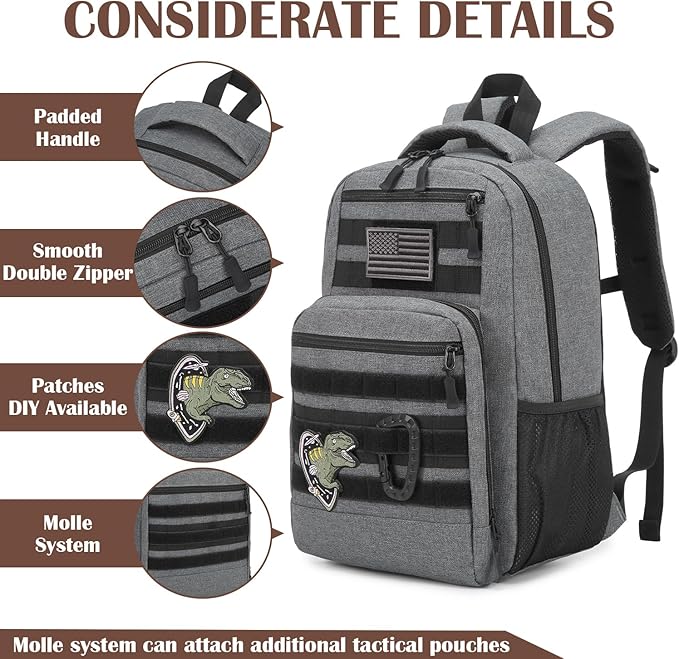 Kids Tactical Backpack Army Molle Bookbag Military Boys Backpack for School, Outdoor, Camping, Grey